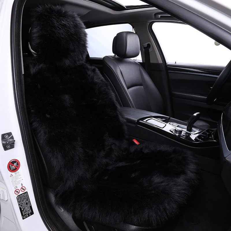 Maple's 1Pc Faux Sheepskin Wool Fur Car Seat Cover for Cars SUV Trucks Universal Fit, Soft Plush Synthetic Wool Buck Fur Car Seat Cushions by FLMaples(Black) - Image 1